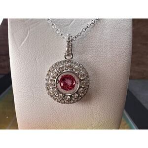 Pink tourmaline white topaz pendant necklace in platinum over 925 silver